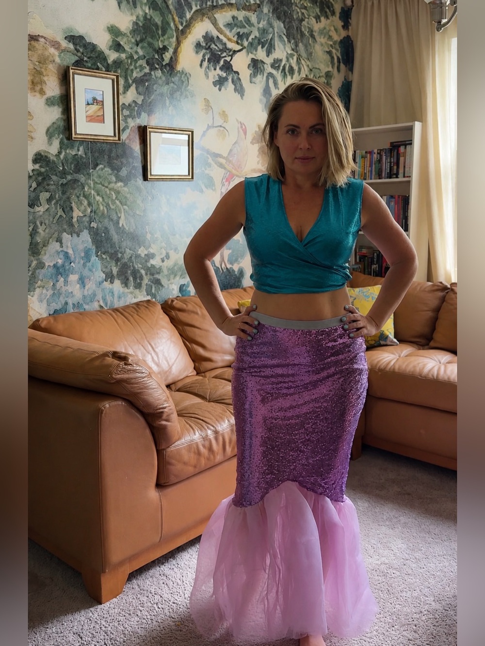 Sequin Mermaid Hem Midi Skirt in Lavender Pink